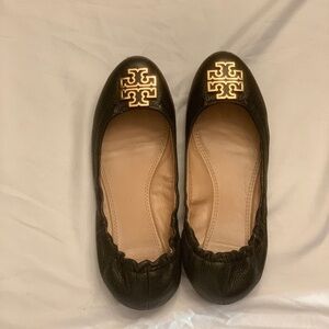 Tory Burch Black Flats with Gold Logo